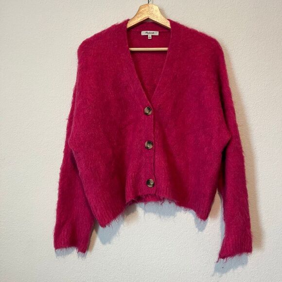 Madewell Heather Fuchsia Brushed Knit Crop Cardigan Sweater Women's Size Large - Picture 2 of 7